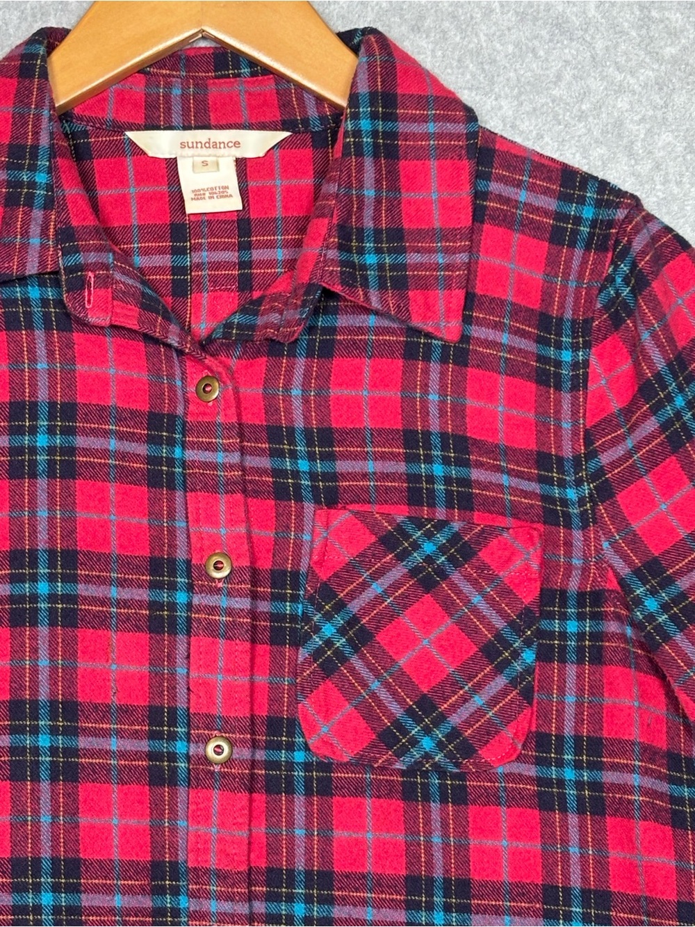 Sundance Sweet Sally Plaid Flannel Button-Up Shirt-Red/Black/Teal-Women Small